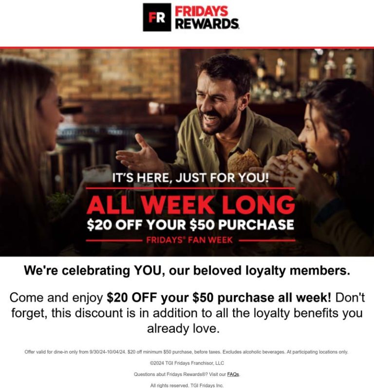 $20 off $50 via login all week at TGI Fridays restaurants