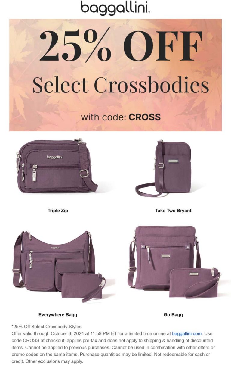 25% off crossbodies at Baggallini via promo code CROSS