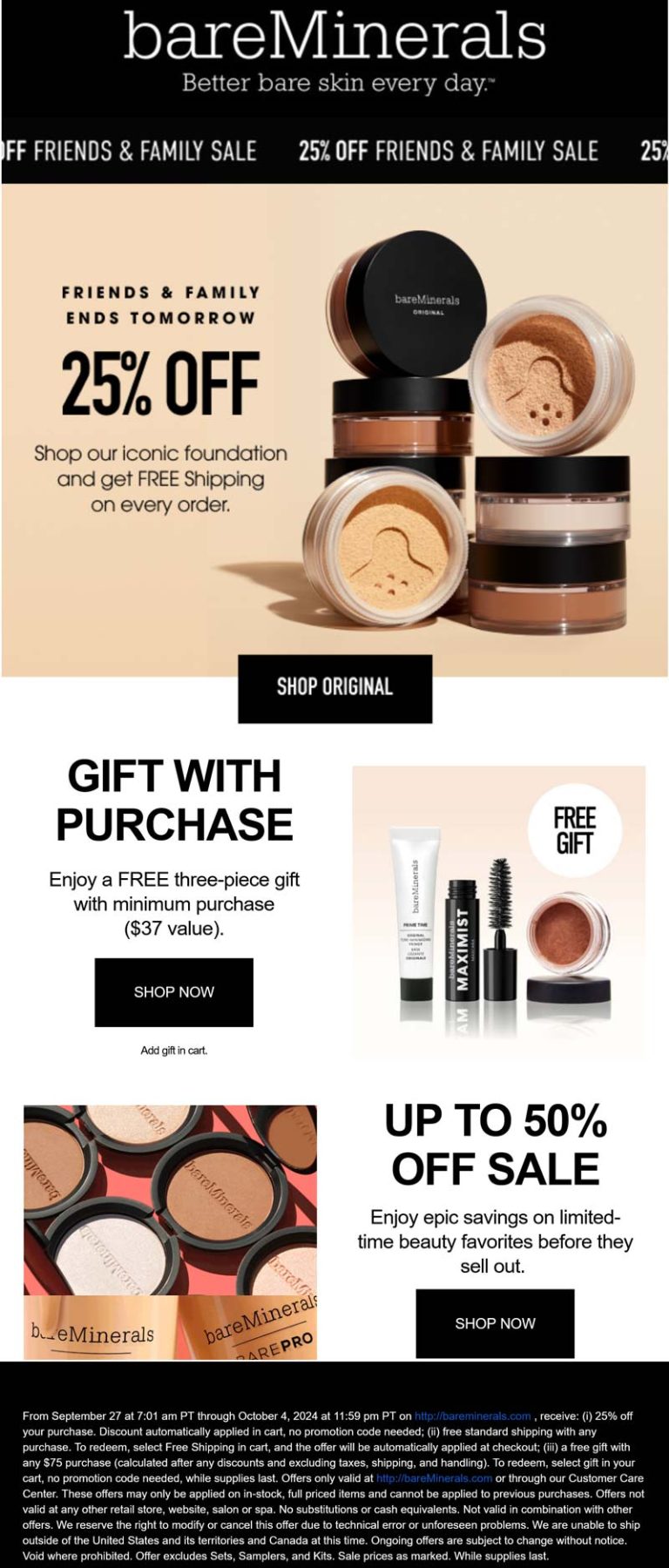 25% off foundation + free 3pc on $37+ at bareMinerals