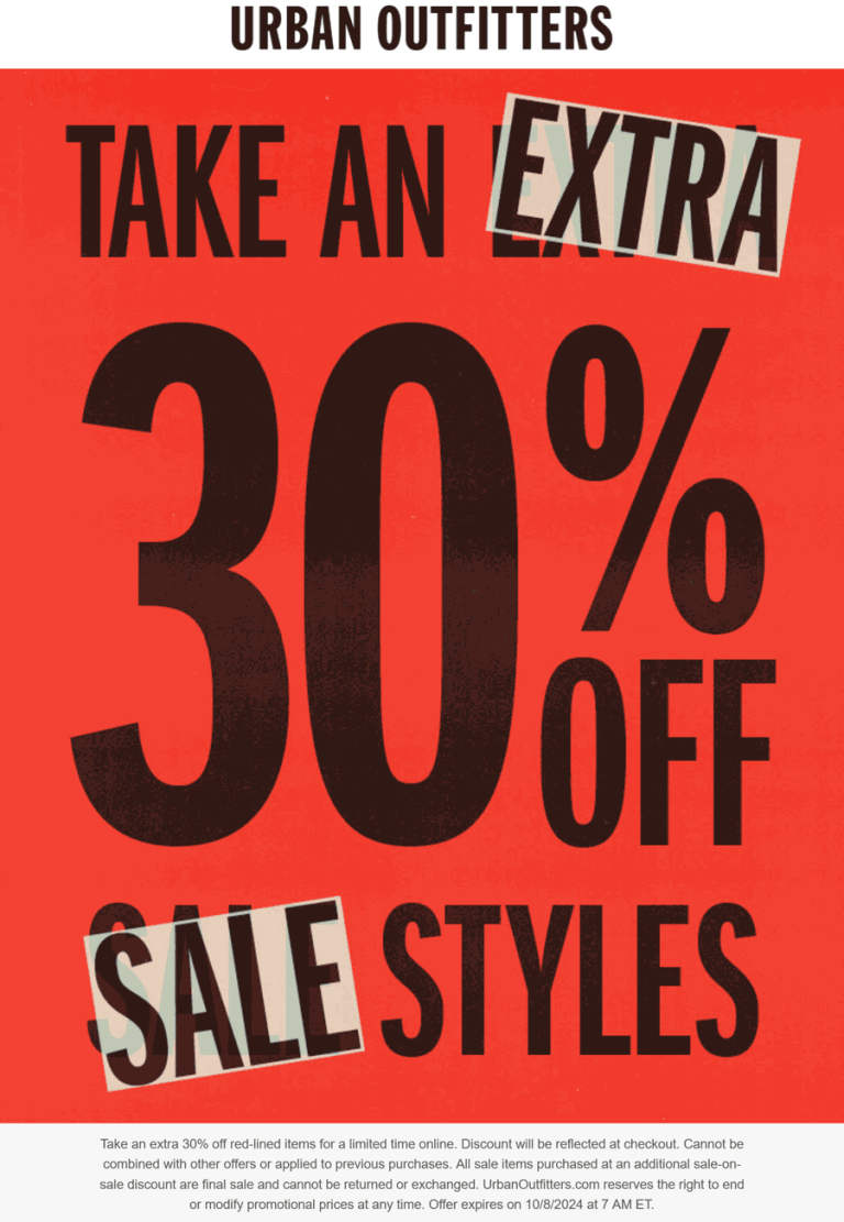 Extra 30% off sale styles online at Urban Outfitters