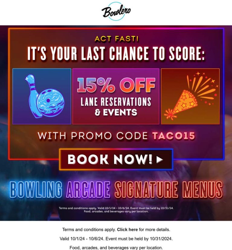 15% off lane reservations at Bowlero bowling alleys via promo code TACO15