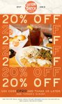 20% off at Cotton Patch Cafe restaurants, or online via promo code CP20 #cottonpatchcafe