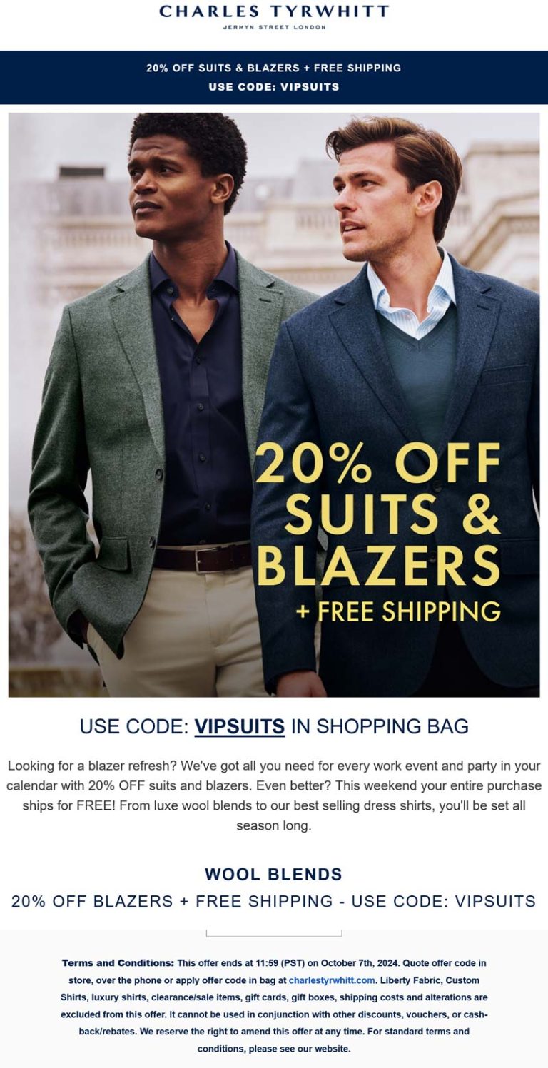20% off blazers at Charles Tyrwhitt via promo coe VIPSUITS