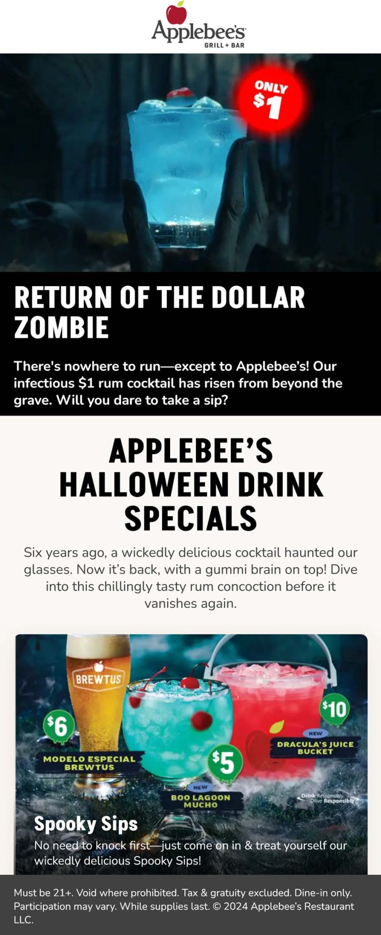 $1 rum cocktail all month at Applebees restaurants