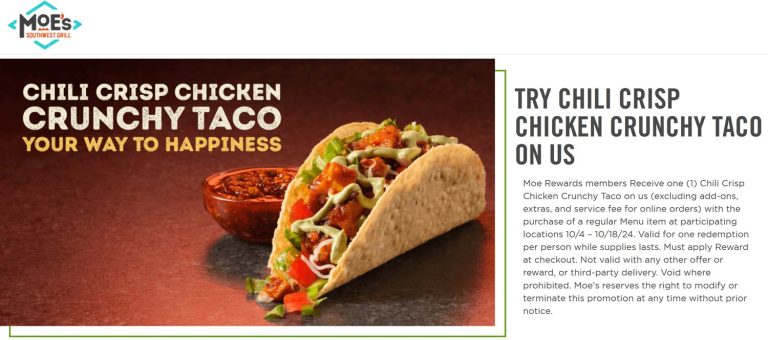 Free chili chicken taco with your online order at Moes Southwest Grill