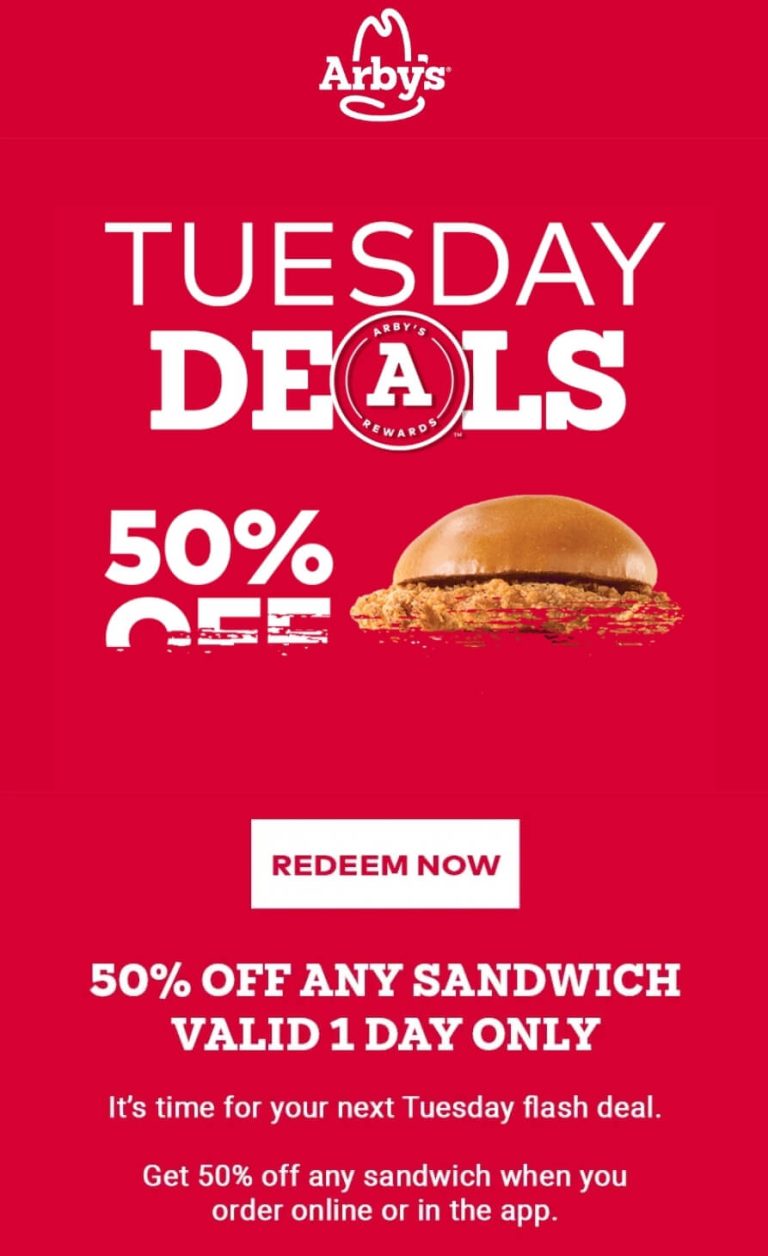 50% off any sandwich via mobile today at Arbys