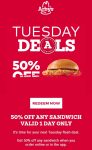 50% off any sandwich via mobile today at Arbys #arbys