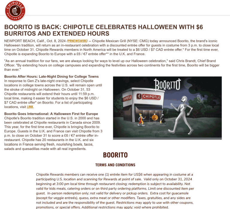 $6 burrito in costume on Halloween at Chipotle restaurants