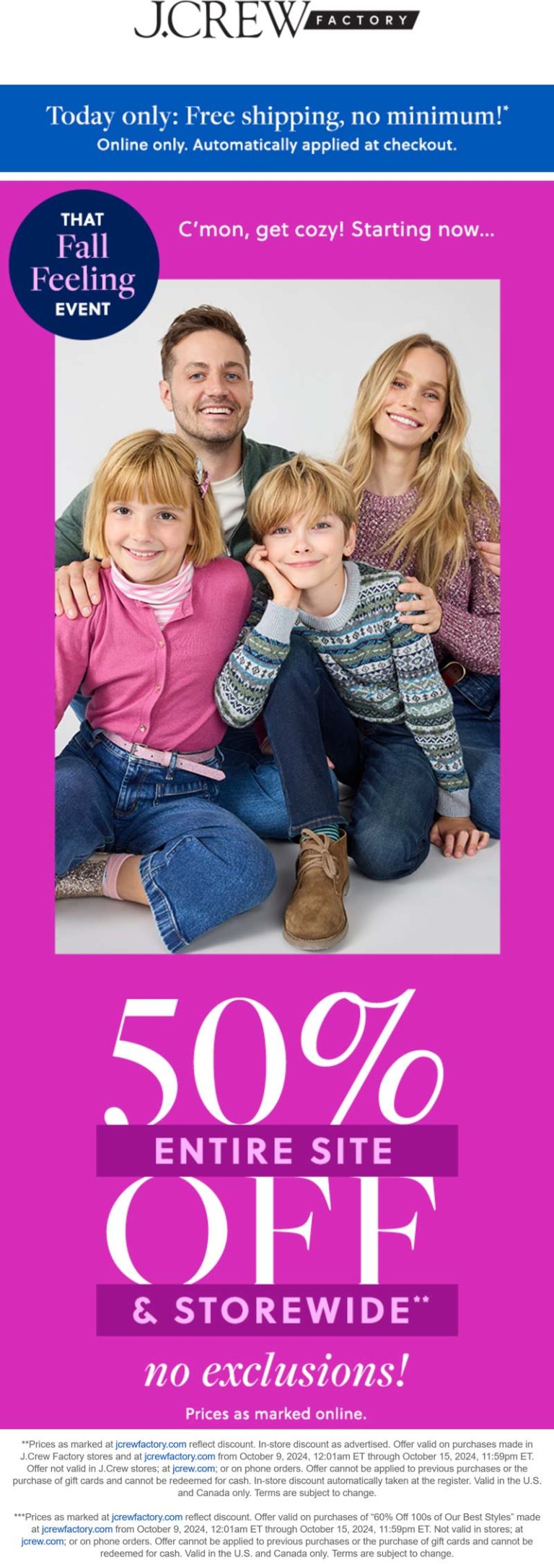 50% off everything at J.Crew Factory, ditto online