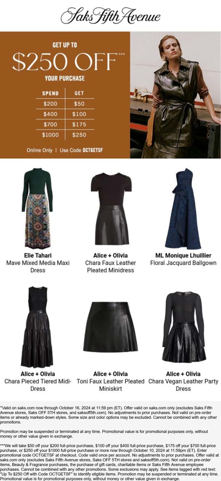 $50-$250 off $200+ online at Saks Fifth Avenue via promo code OCTGETSF