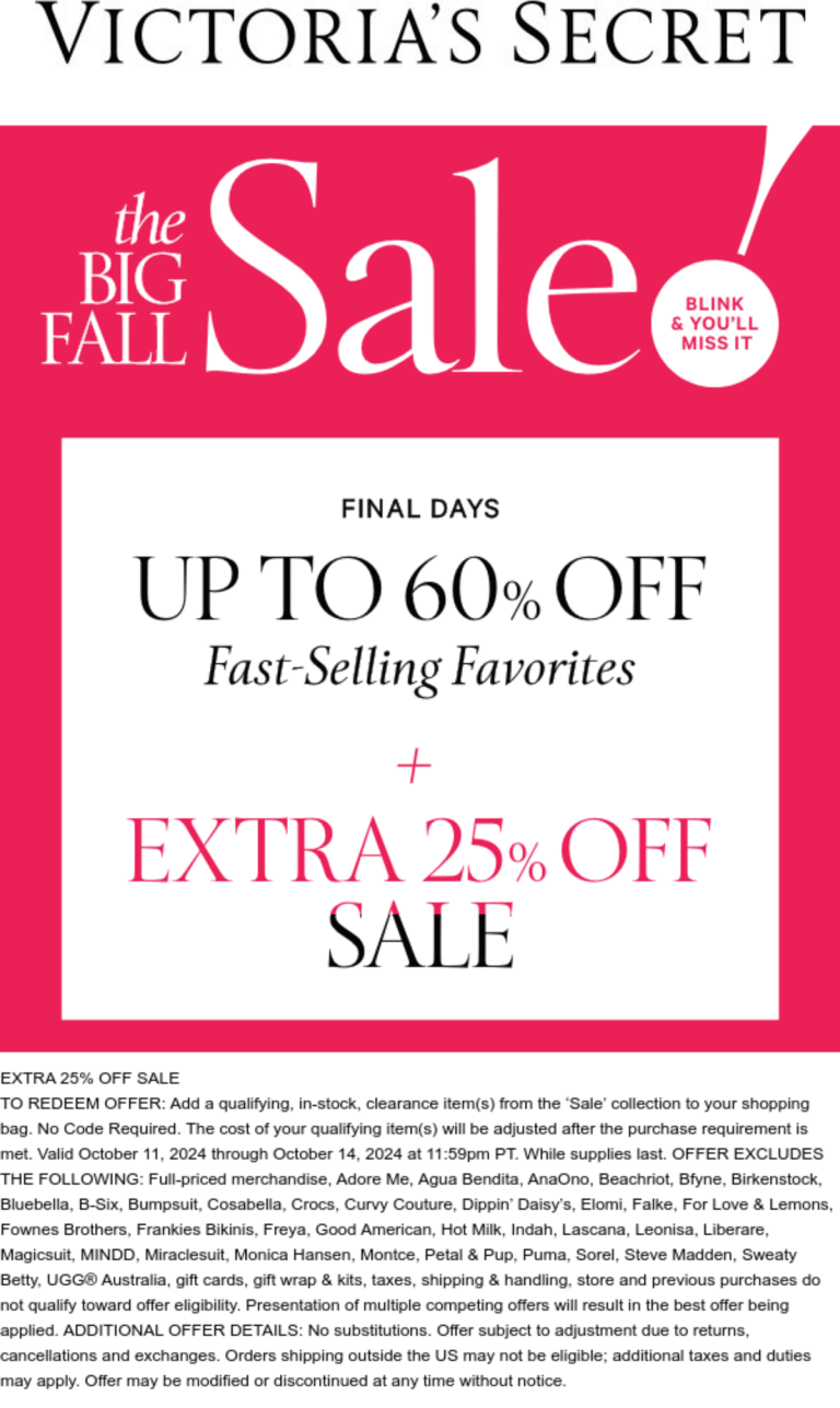 Extra 25% off sale items at Victorias Secret