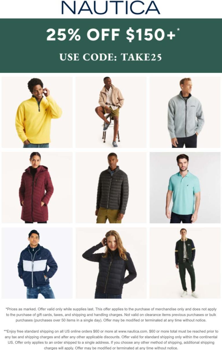 25% off $150 at Nautica via promo code TAKE25