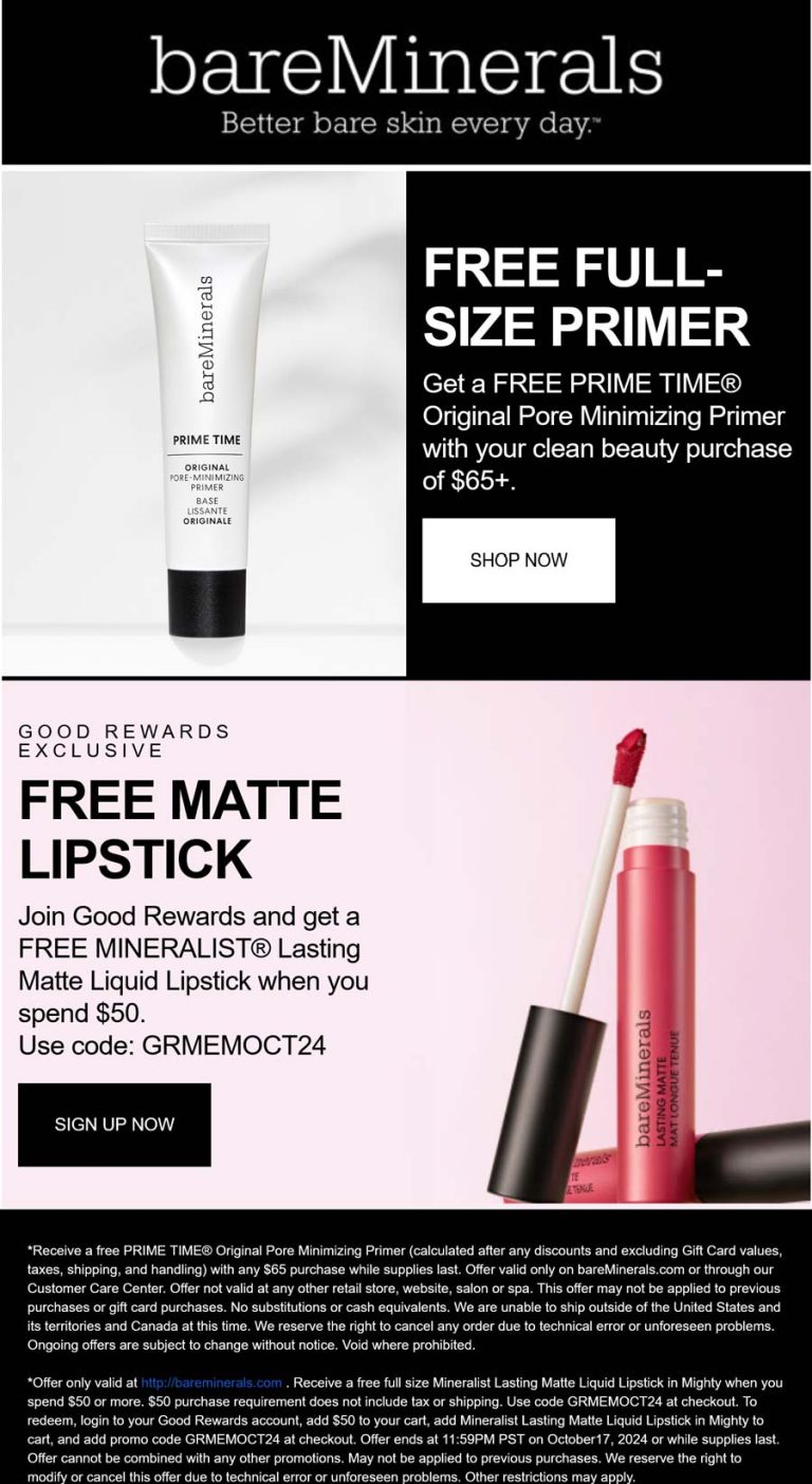 Free full size primer or lipstick on $65 at bareMinerals via promo code GRMEMOCT24