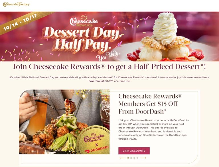 50% off dessert via login at The Cheesecake Factory