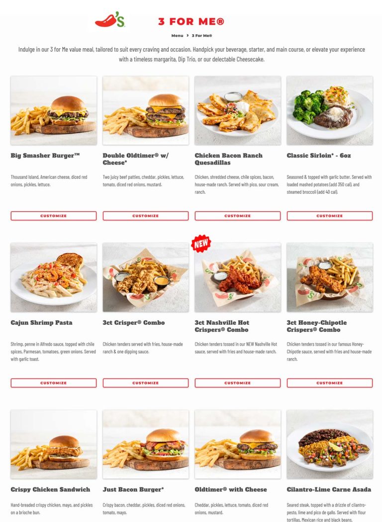 Various 3-for-me meal deals = $11 at Chilis restaurants