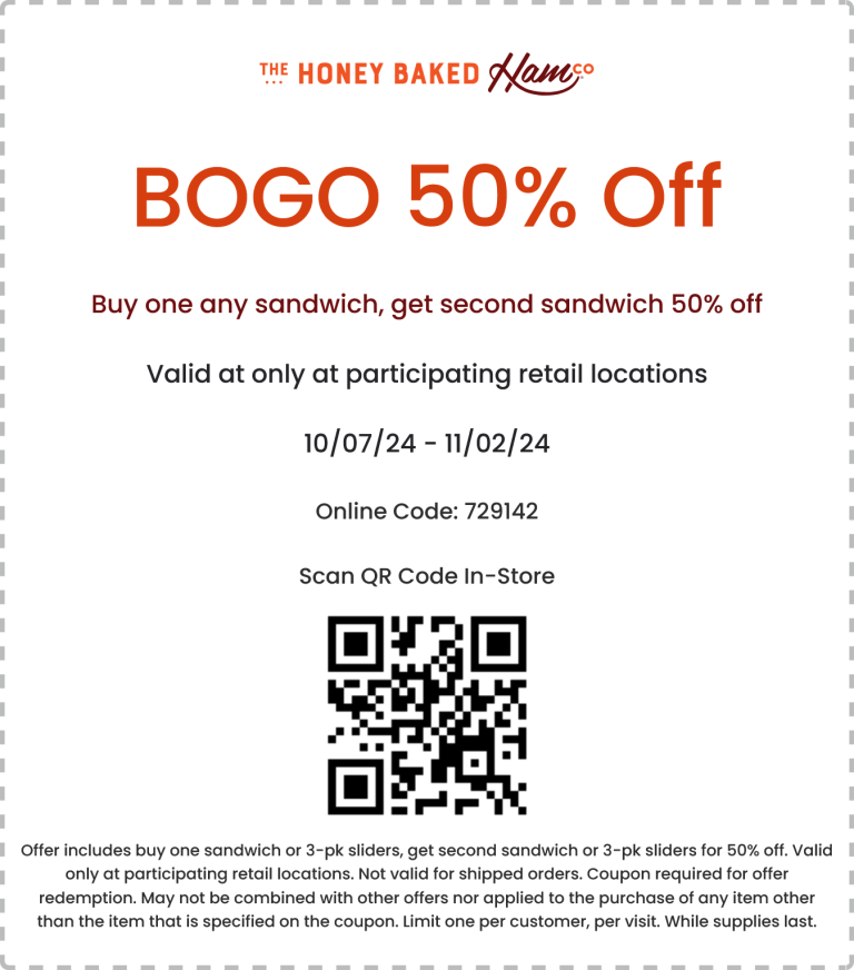 Second sandwich or sliders 50% off at Honeybaked Ham, or online via promo code 729142