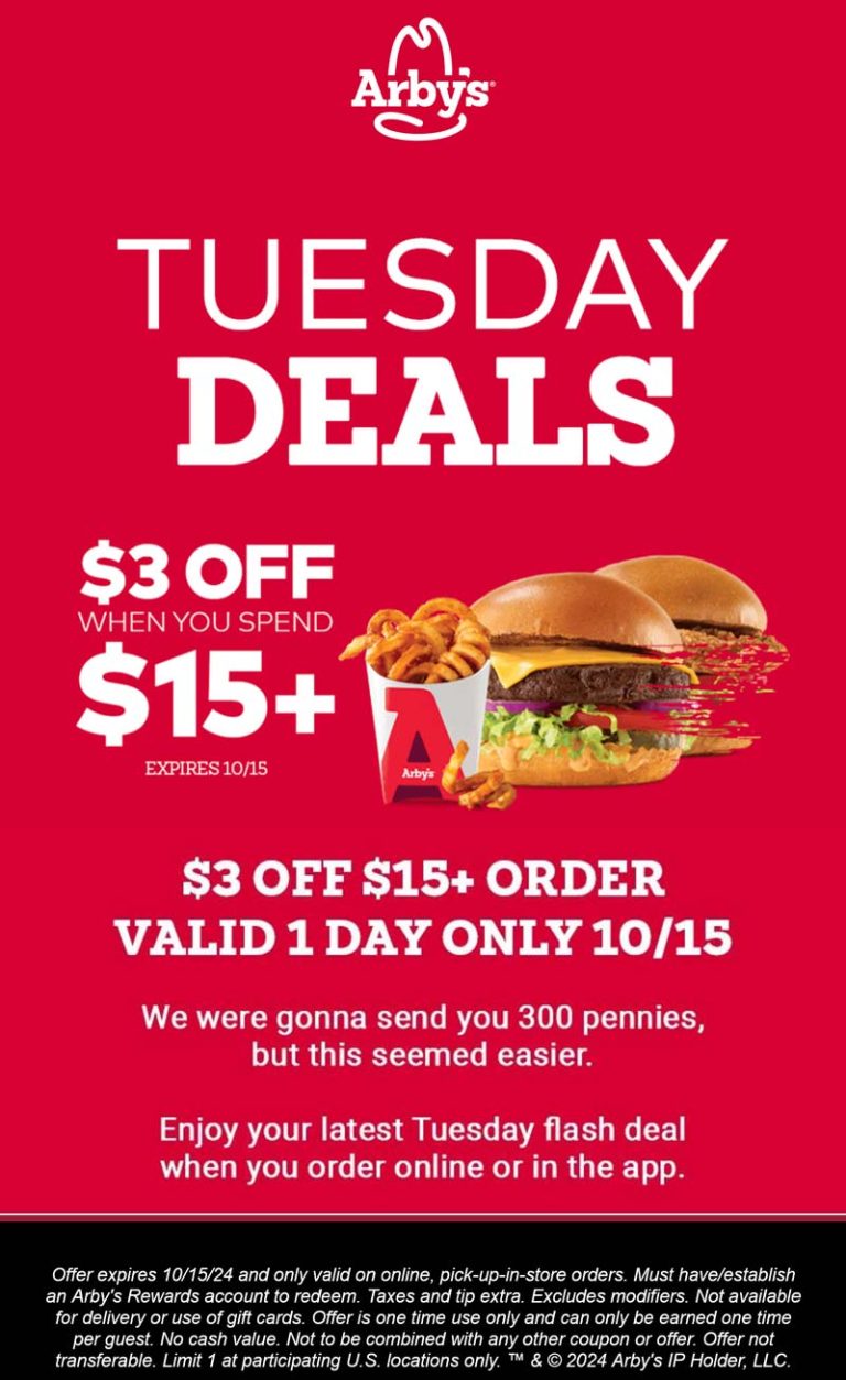 $3 off $15 today via mobile at Arbys restaurants