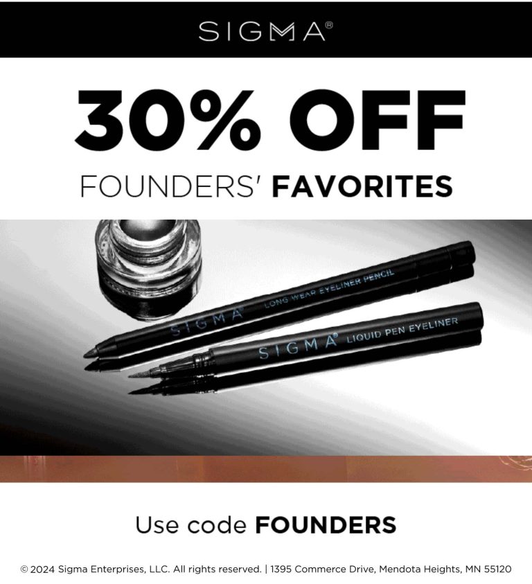 30% off founders favorites at Sigma beauty via promo code FOUNDERS