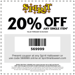 20% off a single item at Spirit halloween, or online via promo code 569999 #spirit