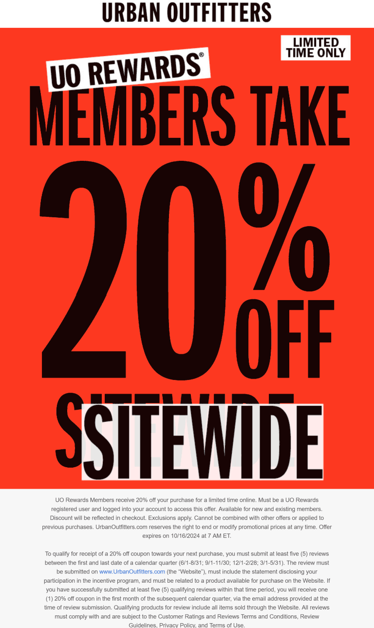 20% off everything online today at Urban Outfitters