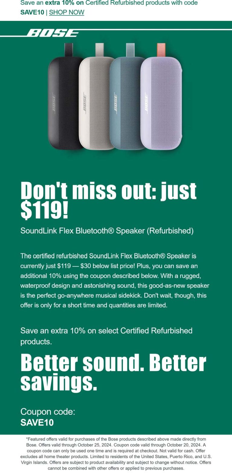 Extra 10% off used items at Bose via promo code SAVE10