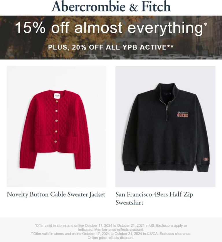 Abercrombie & Fitch coupon: 15% off at Abercrombie & Fitch, ditto online