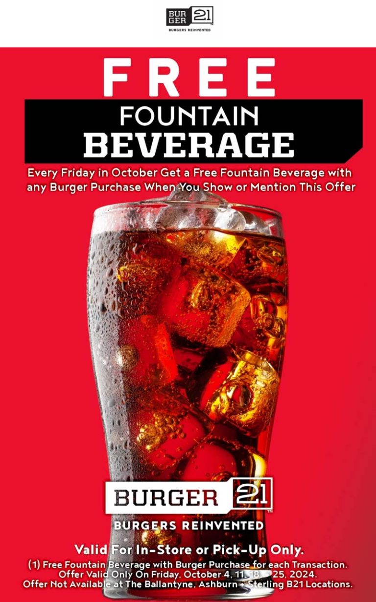 Free fountain beverage with your burger today at Burger 21