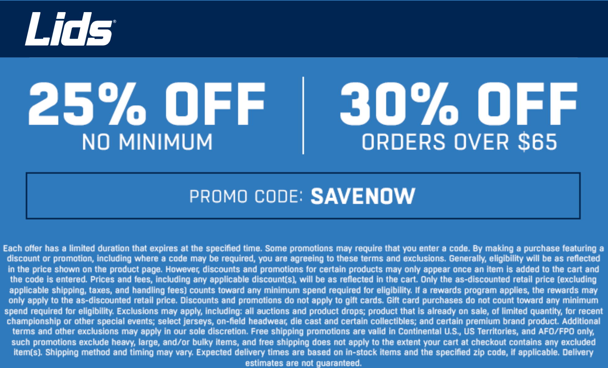 25-30% off today at Lids via promo code SAVENOW #lids