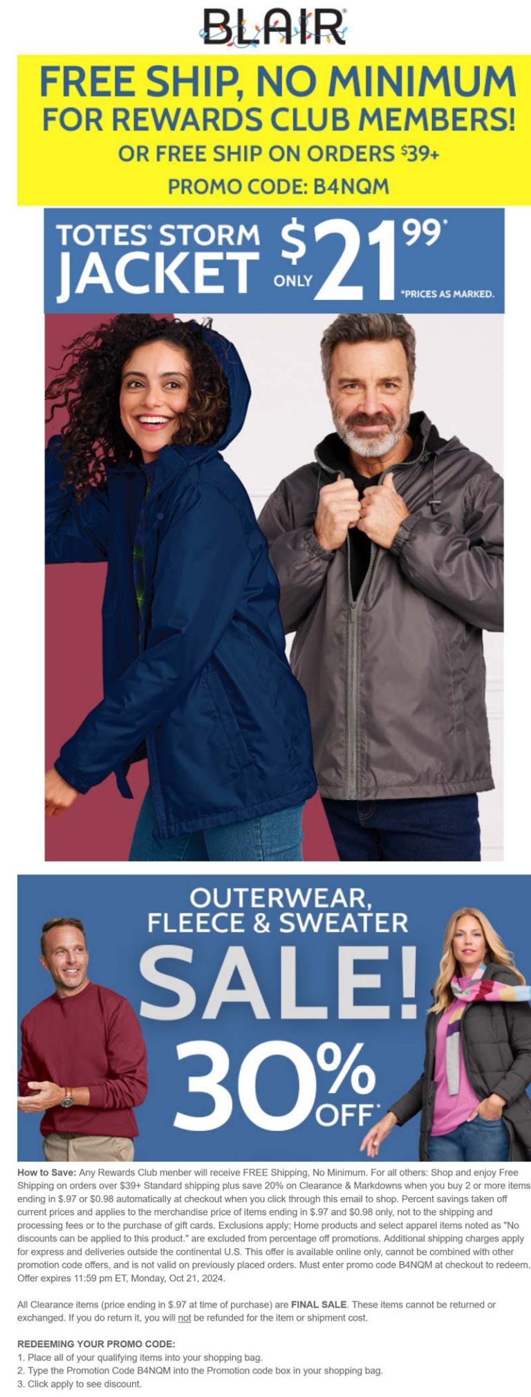 30% off outerwear at Blair via promo code B4NQM