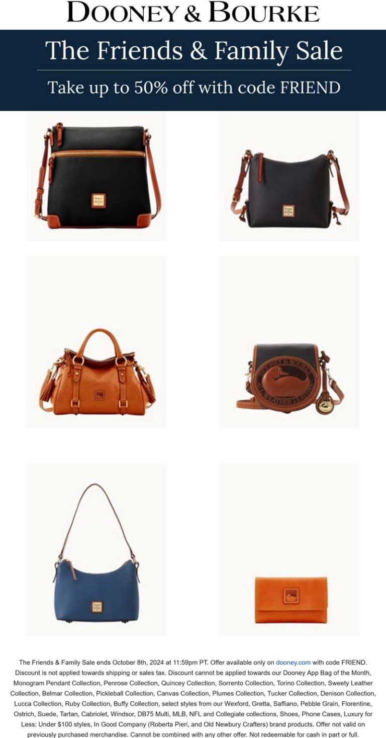 Dooney & Bourke coupon: 50% off pebble grain bags at Dooney & Bourke via promo code FRIEND