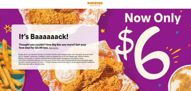 2pc chicken or 3pc tenders + 2 sides + biscuit = $6 at Popeyes