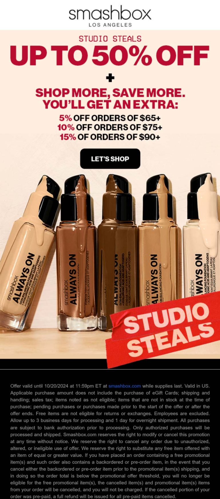 5-15% off $65+ today at Smashbox cosmetics