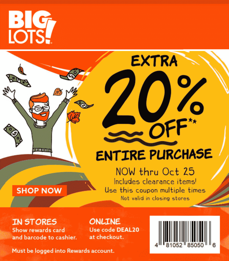 20% off everything at Big Lots, or online via promo code DEAL20