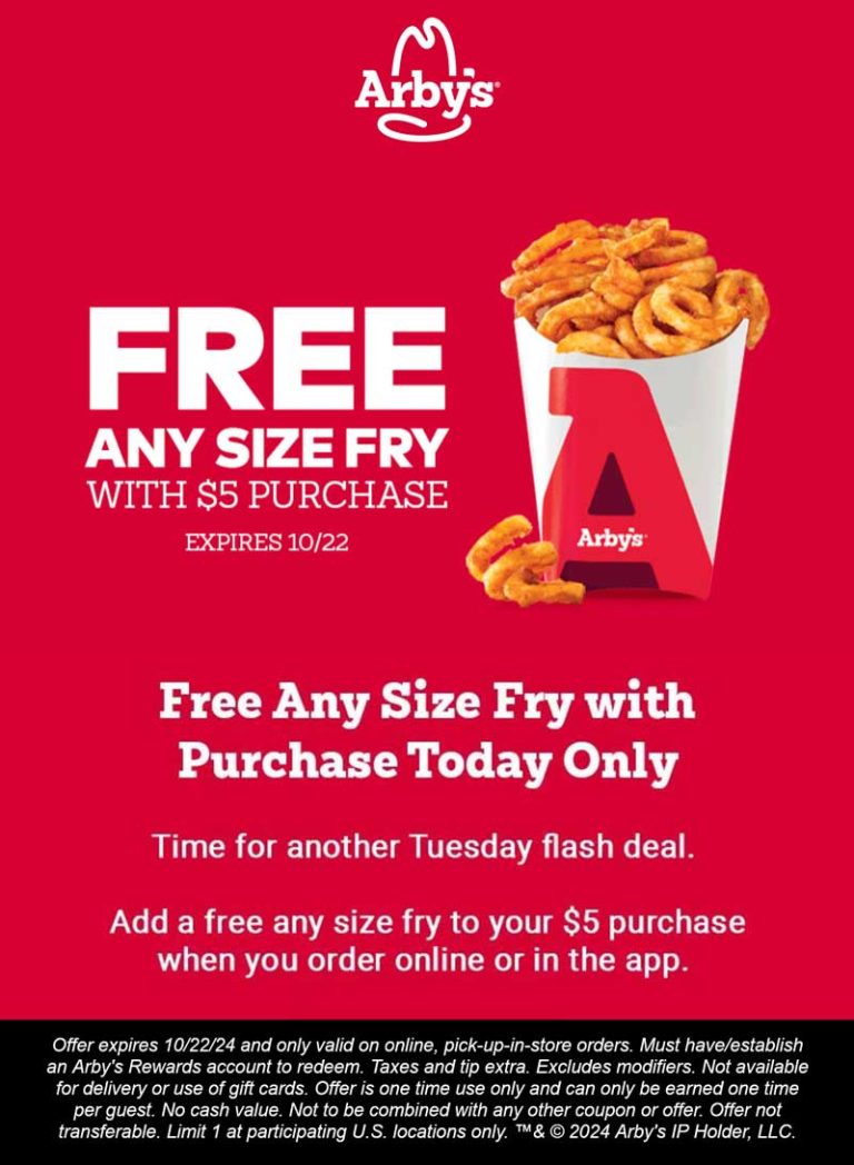 Free large curly fries on $5 via mobile today at Arbys restaurants
