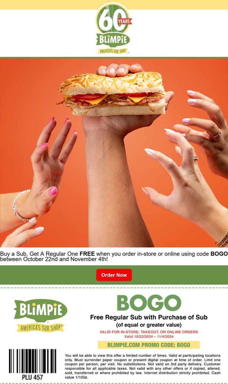 Second sub sandwich free at Blimpie, or online via promo code BOGO