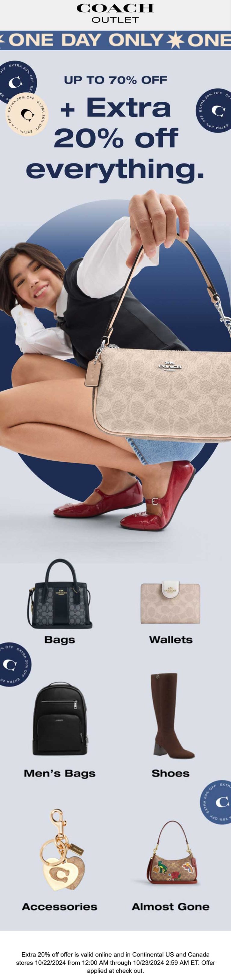 Extra 20-70% off everything today at Coach Outlet