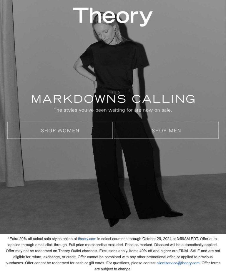 Extra 20% off sale items online at Theory