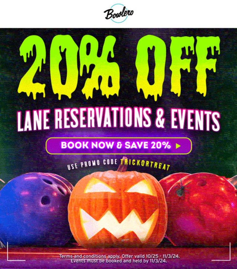 20% off lane reservations at Bowlero bowling alleys via promo code TRICKORTREAT