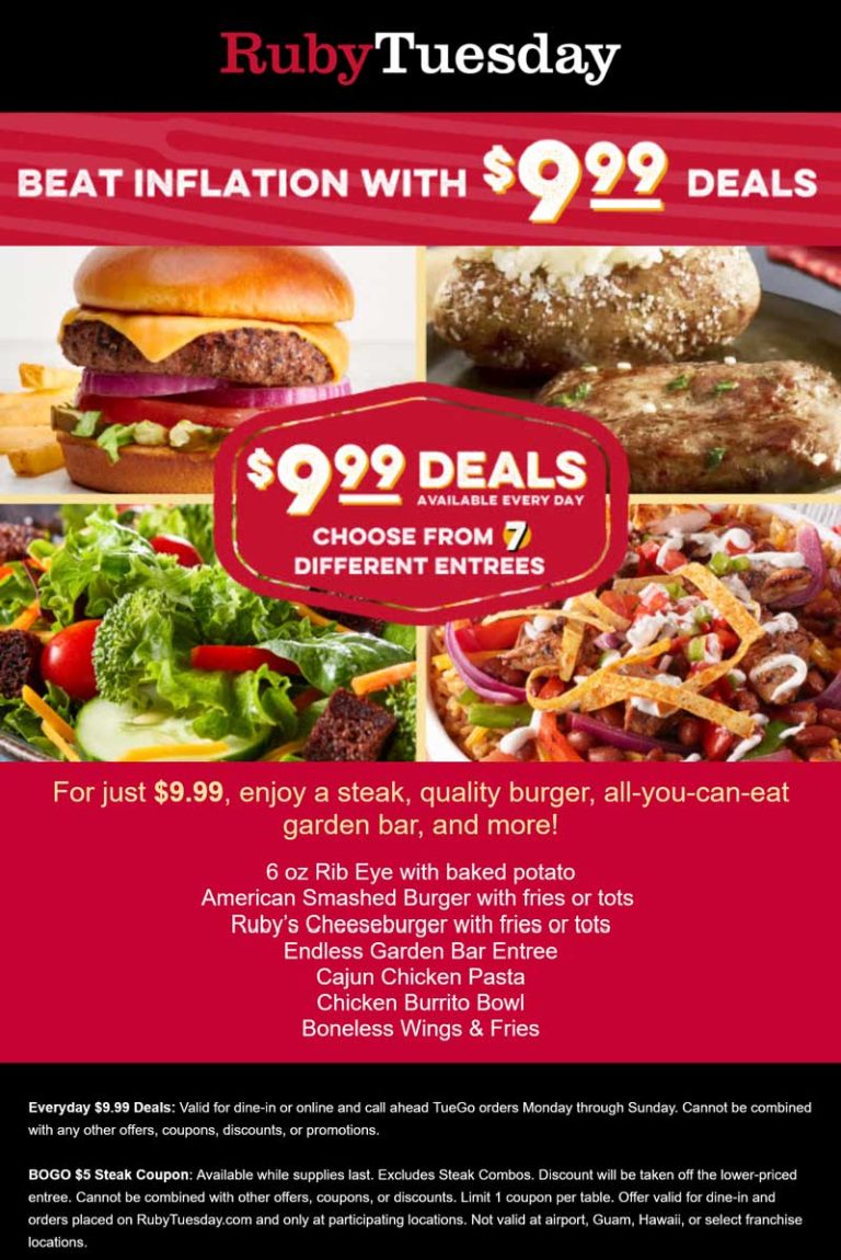 Steak, cheeseburger, pasta & more entrees = $10 each at Ruby Tuesday restaurants
