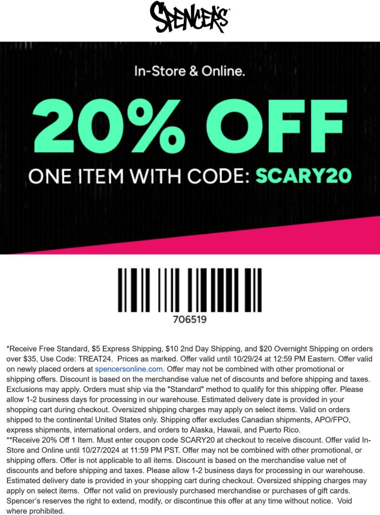 20% off a single item at Spencers, or online via promo code SCARY20