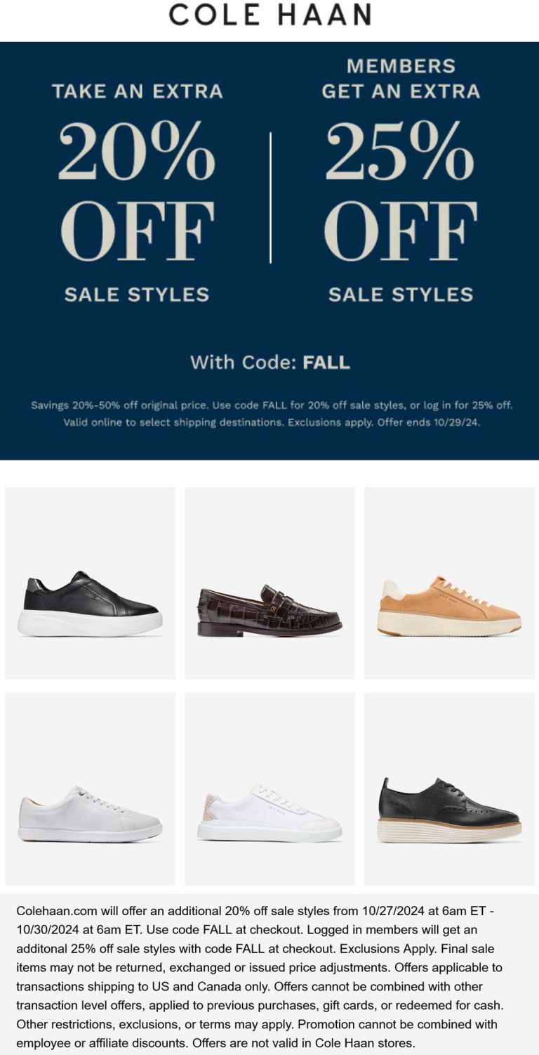Extra 20% off sale styles at Cole Haan via promo code FALL