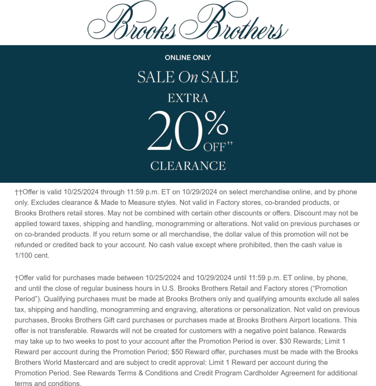 Extra 20% off clearance online today at Brooks Brothers