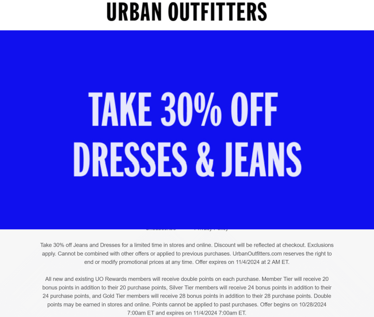 30% off dresses & jeans at Urban Outfitters