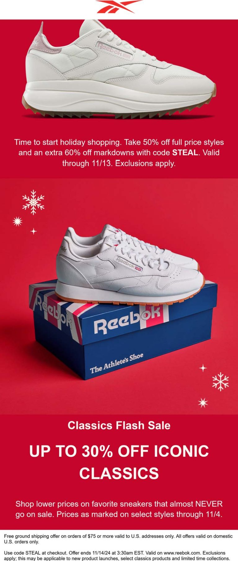 50% off regular & extra 60% off sale items at Reebok via promo code STEAL