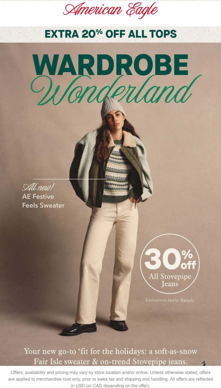 Extra 20% off all tops at American Eagle, ditto online
