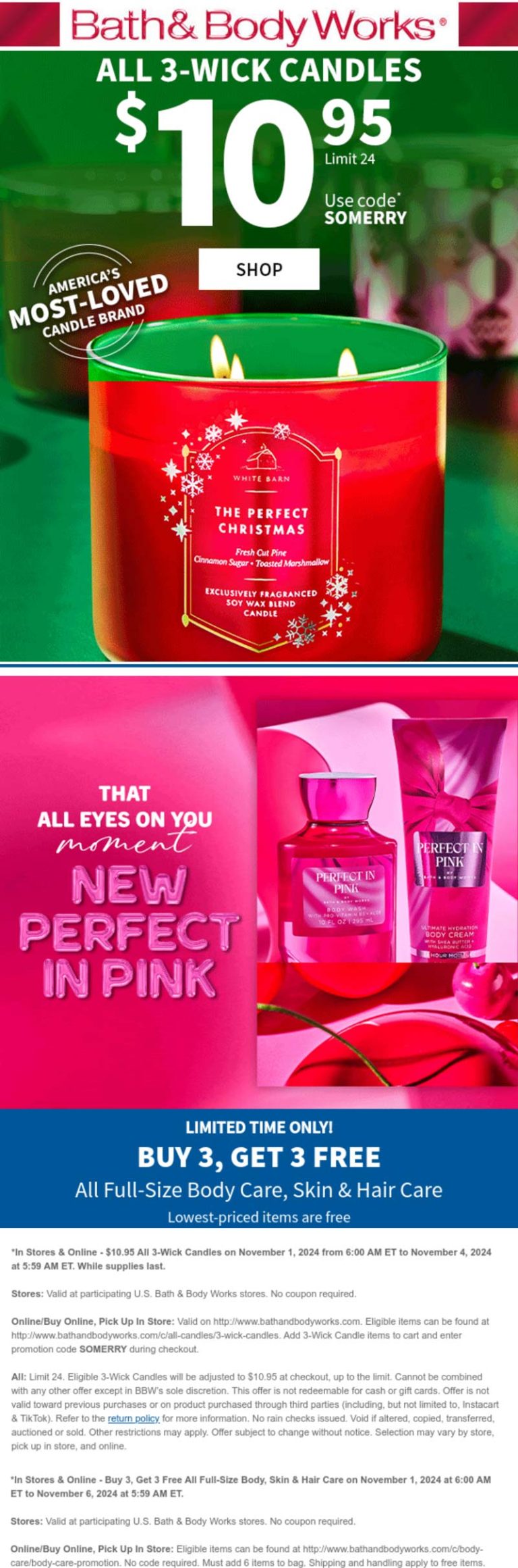 Bath & Body Works coupon: All 3-wick candles = $11 + 6-for-3 on body care at Bath & Body Works