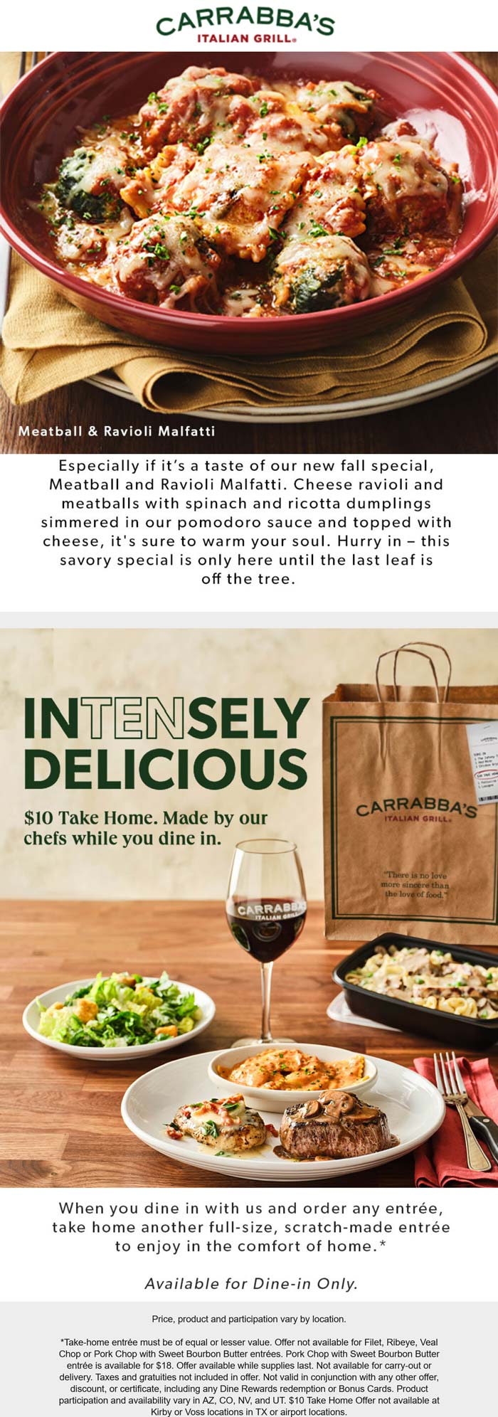 $10 take home entree at Carrabbas Italian Grill #carrabbas - The