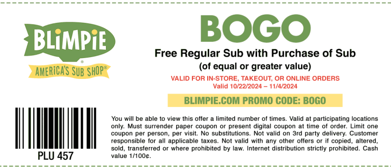 Second sub sandwich free at Blimpie, or online via promo code BOGO