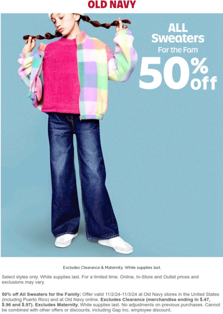 50% off all sweaters today at Old Navy, ditto online