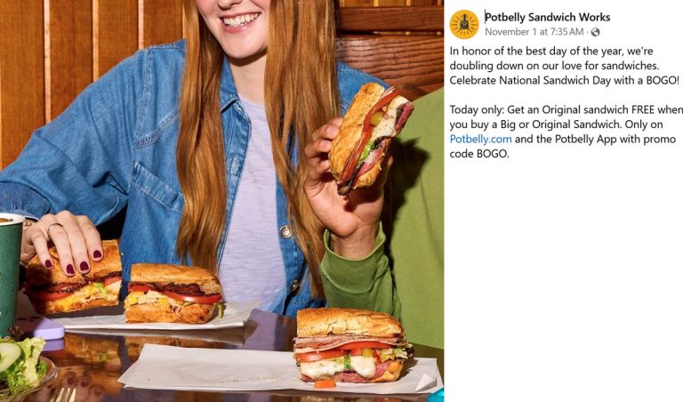 Second sandwich free today at Potbelly via promo code BOGO